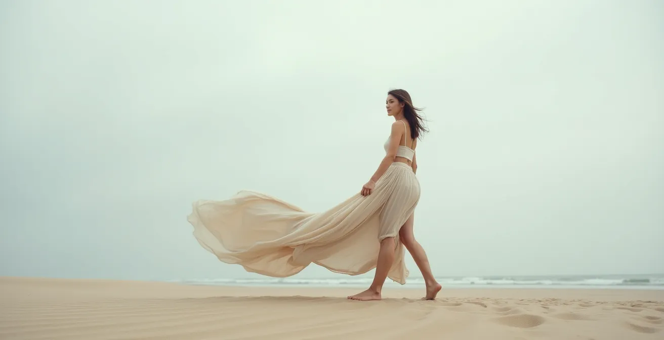 Eine Frau in einem weiten, fließenden Rock, der sich in einer windigen Küstenlandschaft elegant bewegt, ohne hochzufliegen.