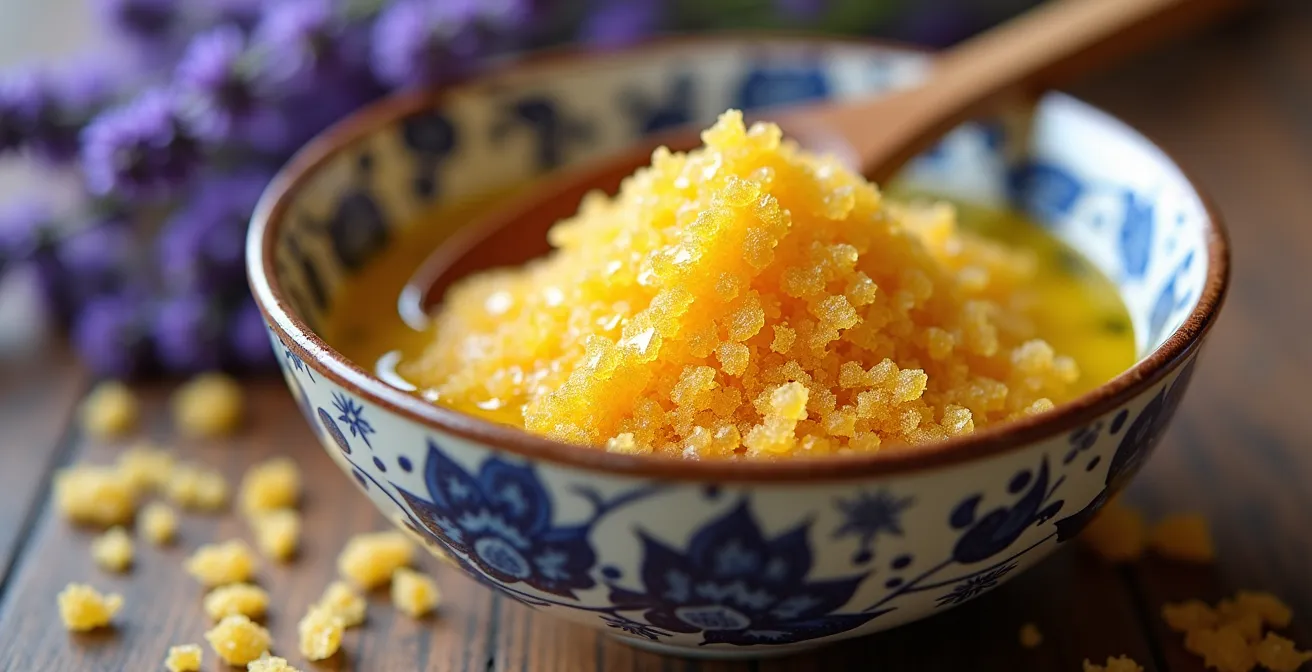Makroaufnahme eines selbstgemachten Zucker-Öl-Peelings