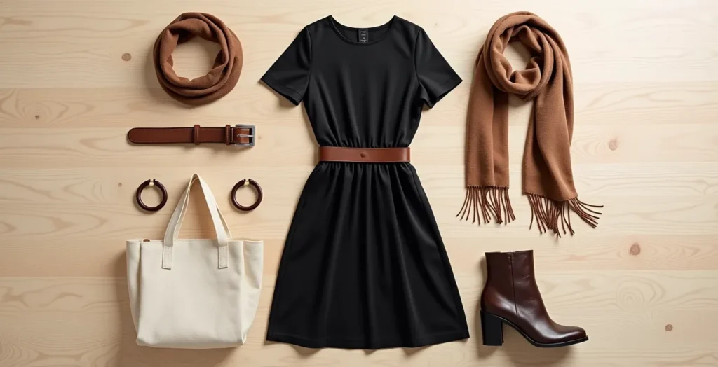 Minimalistisches schwarzes Kleid mit verschiedenen nachhaltigen Accessoires arrangiert Minimalistisches schwarzes Kleid mit verschiedenen nachhaltigen Accessoires arrangiert